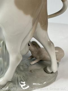 Lladro Cow with Pig No. 4640 Porcelain Figurine. 6" tall