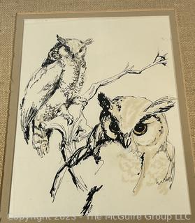 Framed Under Glass Watercolor of Owls, signed Martina.  16" x 20".