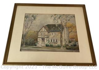 Framed Under Glass Watercolor of House by Brust.  19" x 22" 