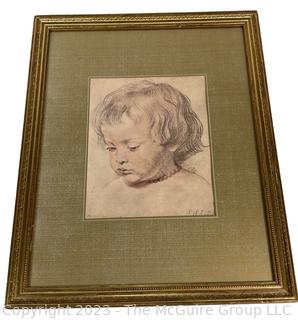 Framed Under Glass Print of Head of Boy by Rubens. Measures 15 1/2 x 19 1/2"