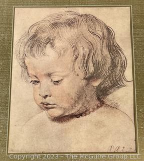 Framed Under Glass Print of Head of Boy by Rubens. Measures 15 1/2 x 19 1/2"