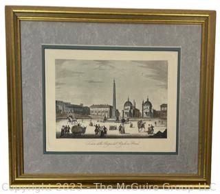 Framed Under Glass Black & White Lithograph of Plaza in Rome. 17" x 20".