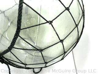 Large Vintage Asian Hand Blown Glass Fishing Float with Netting.  10" diameter