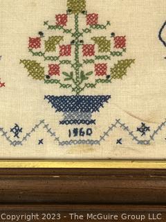 Framed Cross Stitched Embroidered Sampler Dated 1960.   14" x 18"