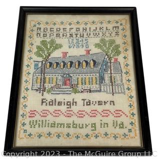 Framed Cross Stitched Embroidered Sampler with Raleigh Tavern Williamsburg VA.  12" x 15"