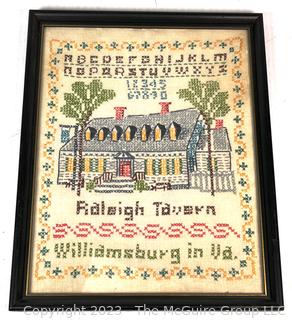 Framed Cross Stitched Embroidered Sampler with Raleigh Tavern Williamsburg VA.  12" x 15"