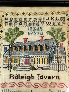 Framed Cross Stitched Embroidered Sampler with Raleigh Tavern Williamsburg VA.  12" x 15"