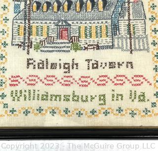 Framed Cross Stitched Embroidered Sampler with Raleigh Tavern Williamsburg VA.  12" x 15"