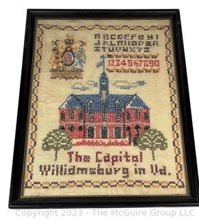 Framed Cross Stitched Embroidered Sampler with The Capital Williamsburg VA.  12" x 15"