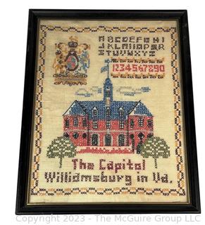 Framed Cross Stitched Embroidered Sampler with The Capital Williamsburg VA.  12" x 15"