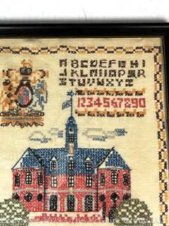 Framed Cross Stitched Embroidered Sampler with The Capital Williamsburg VA.  12" x 15"