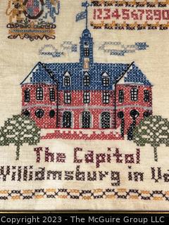 Framed Cross Stitched Embroidered Sampler with The Capital Williamsburg VA.  12" x 15"