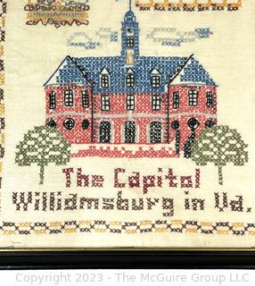 Framed Cross Stitched Embroidered Sampler with The Capital Williamsburg VA.  12" x 15"