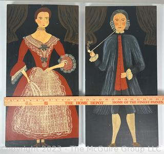 Pair of American Primitive Folk Art Paintings of Lady & Gentleman of the Ten Eyck Family on Wood Planks, 1710. Reproduction. Each measures 11" x 22".