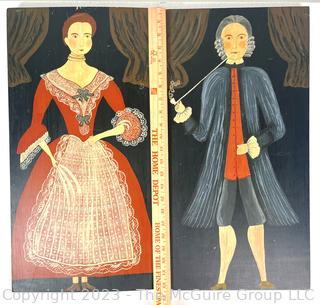 Pair of American Primitive Folk Art Paintings of Lady & Gentleman of the Ten Eyck Family on Wood Planks, 1710. Reproduction. Each measures 11" x 22".