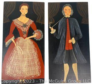 Pair of American Primitive Folk Art Paintings of Lady & Gentleman of the Ten Eyck Family on Wood Planks, 1710. Reproduction. Each measures 11" x 22".