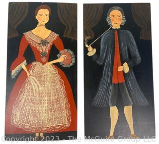 Pair of American Primitive Folk Art Paintings of Lady & Gentleman of the Ten Eyck Family on Wood Planks, 1710. Reproduction. Each measures 11" x 22".