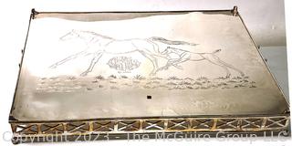 Pierced Silver Plated Rectangular Gallery Tray with Handles and Horses Engraved on Bottom.  SP 2001.  19" x 23".
