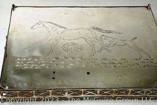 Pierced Silver Plated Rectangular Gallery Tray with Handles and Horses Engraved on Bottom.  SP 2001.  19" x 23".
