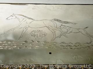 Pierced Silver Plated Rectangular Gallery Tray with Handles and Horses Engraved on Bottom.  SP 2001.  19" x 23".
