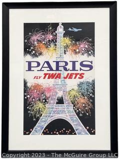 Large Framed TWA Original 1960s Airline Travel Poster of Paris by David Klein.  39" x 53"