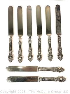 Eight (8) Sterling Silver Handled Dinner Knives.  453 grams total weight