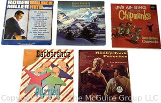 Five (5) Vinyl Record Albums Including Roger Miller Golden Hits, John Denver, David Seville And The Chipmunks, Barbershop Quartet and Honky-Tonk Favorites