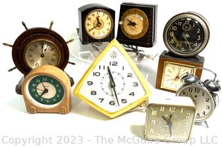 Nine (9) Vintage Alarm, Wall and Desk Clocks