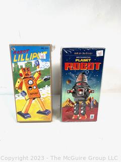 NIB Two (2) Mechanical Windup Toy Robots by Schylling. One Sealed