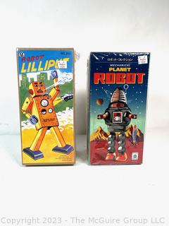 NIB Two (2) Mechanical Windup Toy Robots by Schylling. One Sealed