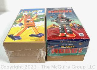 NIB Two (2) Mechanical Windup Toy Robots by Schylling. One Sealed