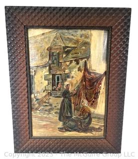 Framed Original Oil of Women Hanging Wash.  Stamped FH Barton Arcade, Cincinnati, OH on Russell's Canvas Board, Patd 1915.  Carved Wooded Frame.  20" x 26" 