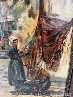 Framed Original Oil of Women Hanging Wash.  Stamped FH Barton Arcade, Cincinnati, OH on Russell's Canvas Board, Patd 1915.  Carved Wooded Frame.  20" x 26" 