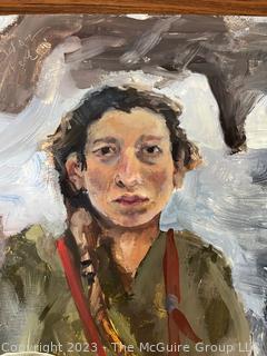 Unframed Oil on Board of "Self Portrait as a Caver" Signed by Artist Alexandra Crosby. Measures 9 x 11"