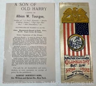 Ephemera including Official Badge of the National Public School Celebration of Columbus Day, October 21st, 1892 