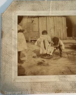 Black and White Cabinet Card Photo of Three Children Playing