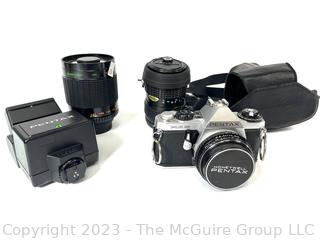 Pentax Film Camera with Multiple Lenses and Light Attachment