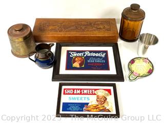 Eclectic Grouping Including Smoky Brown Glass Cigar Humidor, Framed Food Labels, Leather Embossed Cutlery Set Box, Pewter Cup, Ceramic Tea Strainer and Small Copper Luster Glazed Ceramic Pitcher with Blue Band