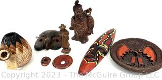 Grouping of Various Tribal Carvings including Figurines and Masks, Woven Herb Basket and Shallow Ceramic Bowl.