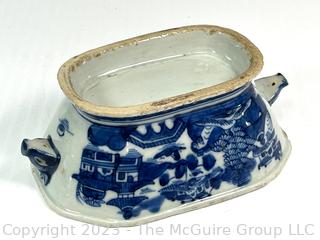 Small Porcelain Chinese Canton Blue & White Lidded Tureen.  4" x 5" x 8". 