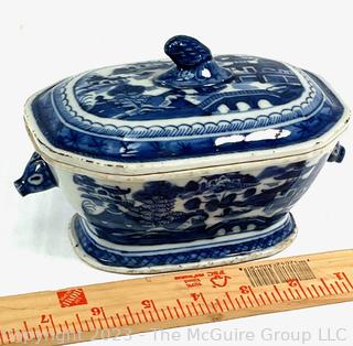 Small Porcelain Chinese Canton Blue & White Lidded Tureen.  4" x 5" x 8". 