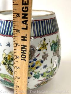 Asian Hand Painted Porcelain Ginger Jar on White Ground with No Lid.  