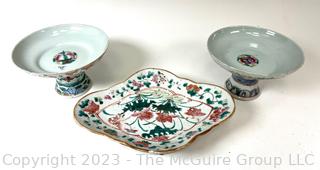 Set of Three (3) Chinese Hand Painted Porcelain Footed Serving Dishes. 
