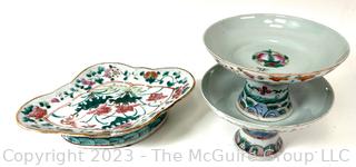 Set of Three (3) Chinese Hand Painted Porcelain Footed Serving Dishes. 
