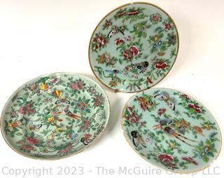 Set of Three (3) Canton Famille Rose Chinese Export Porcelain Plate with Pheasants and Butterflies on Celadon Ground.  8" Diameter