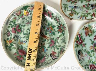 Set of Three (3) Canton Famille Rose Chinese Export Porcelain Plate with Pheasants and Butterflies on Celadon Ground.  8" Diameter