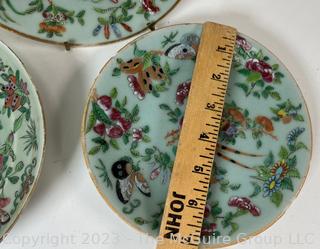 Set of Three (3) Canton Famille Rose Chinese Export Porcelain Plate with Pheasants and Butterflies on Celadon Ground.  8" Diameter