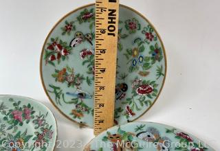 Set of Three (3) Canton Famille Rose Chinese Export Porcelain Plate with Pheasants and Butterflies on Celadon Ground.  8" Diameter