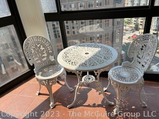 White Three (3) Piece Cast Metal Garden Bistro Set with Cast Table and 2 Chairs.