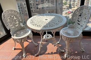 White Three (3) Piece Cast Metal Garden Bistro Set with Cast Table and 2 Chairs.